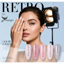   RETRO Liquid Polygel – 5dílná kolekce v dózičce s pumpičkou, s dárkovým vzorníkem ve tvaru kopretiny